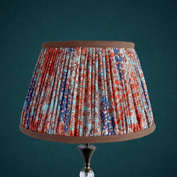 Liberty Style Floral Pleated / Gathered Empire Lampshade - Blue, Turquoise, Orange, Peach with contrast chocolate trim - Free Delivery