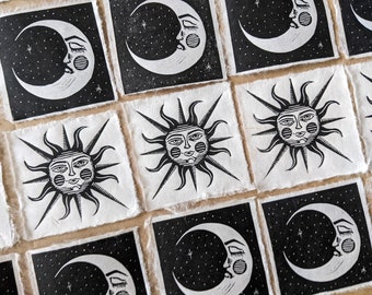Sun and Moon Linocut Mini Print Set: Celestial Art