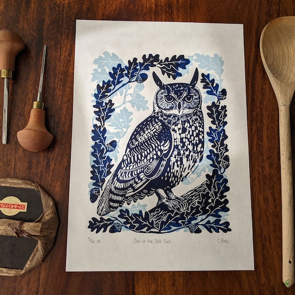 Owl in the Oak Tree  - Original linocut print - Limited edition - nature art - nature lover gift - teacher gift - birthday gift