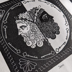 Janus - Original linocut print - Limited edition - Roman mythology - art print - gift for her - gift for him - birthday gift - January