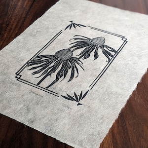 Echinacea - Black on natural lokta - Original linocut print - Limited edition- nature art - nature gift - Mother&#39;s Day gift - birthday gift