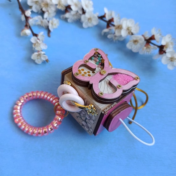 Pink Cherry Blossom Busy Cube: Montessori Wood Toy for Toddler