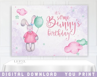 Bunny Birthday Backdrop | Pink Watercolor Rabbit | Purple Clouds Kids Banner (Digital File)