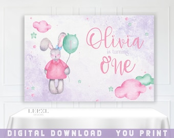Personalized Bunny First Birthday Backdrop | Watercolor Rabbit  | Pink Purple Backdrop (Digital File)
