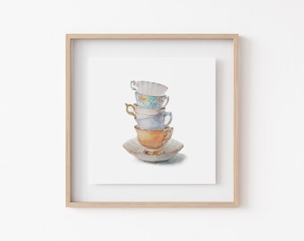 Kitchen Wall Decorations Watercolor Printable Cup Stacked Paintings