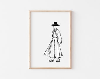 Koreaanse Hanbok Line Art Print, Aziatische traditie wanddecoratie (digitale download)
