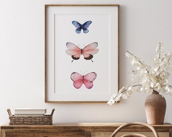 Printable butterfly paintings, vintage watercolors, botanical art, kitchen, living room, bedroom print wall decorations.