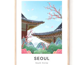 Kunst aan de muur Seoel, Korea, poster traditionele Koreaanse tempel, decor kersenbloesem landschap