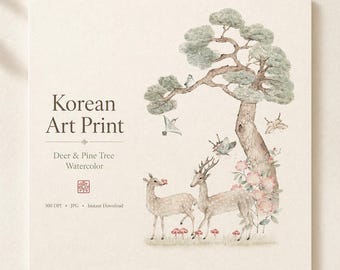 Koreaanse dennenboom herten aquarel kunstafdruk (digitale download)