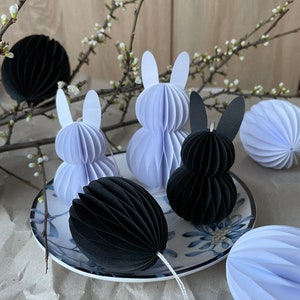 Coniglietto pasquale, uova di Pasqua, wabeneier pasquale, ornamenti in bianco e nero, nido d'ape pasquale, uovo di carta, coniglietto di carta, decorazione scandinava osterei