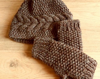Alpaca Hat Gloves Set, Winter Warm Knitted Beanie Hat and Gloves Set for Women, 3 Pcs Brown, Winter sets, Hat Gloves Set, Hat Mittens Set