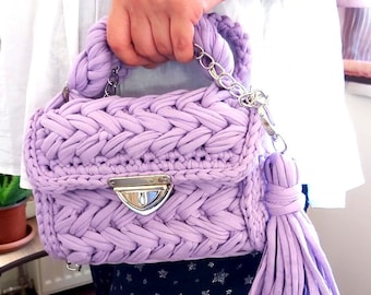 Borsa all'uncinetto, borsa a tracolla di lusso lavorata a maglia, borsa a tracolla intrecciata a mano, borsa in filato di cotone, borsa fatta a mano Leilac, borsa a catena in metallo, regalo per lei