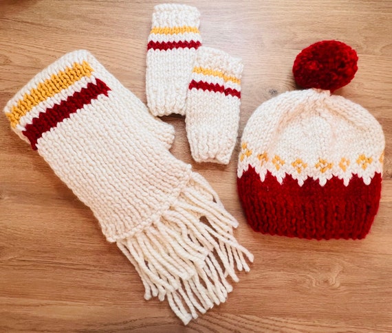 Red beanie with pompom and matching fingerless gloves Pompom Hat and Glove Set | Winter Beanie | Winter Hat  main image 2