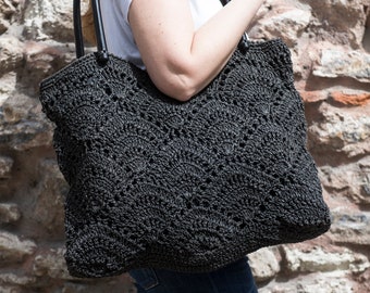 Bag, Womens Bag, Shoulder Bag, Raffia Bag in Black, Crochet Bag, Summer Bag, Large Bag, Womens Shoulder Bag, Handmade Bag