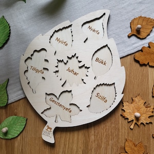May include: A wooden leaf-shaped puzzle with cutouts of different leaf shapes. Each cutout is labeled with the Hungarian name for the tree the leaf comes from, including "Ny&iacute;rfa", "T&ouml;lgyfa", "Juhar", "B&uuml;kk", "Gesztenyefa", "Szilfa".
