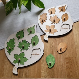 Montessori , Namenspuzzle ab 3 Jahre , Holzpuzzle,  Blätter auf  English Deutsch Französisch Italienisch