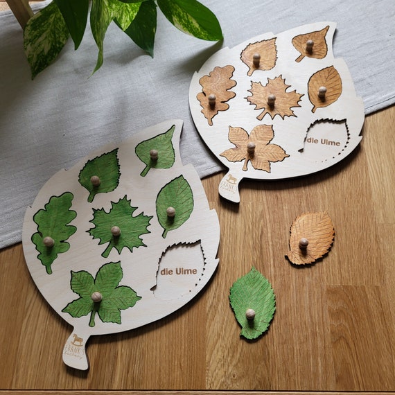 Montessori Blätter Puzzle, Holzspielzeug, Lernspielzeug Natur, Blattbestimmung, Motorikspielzeug, Waldorf Spielzeug, Geschenk für Kinder