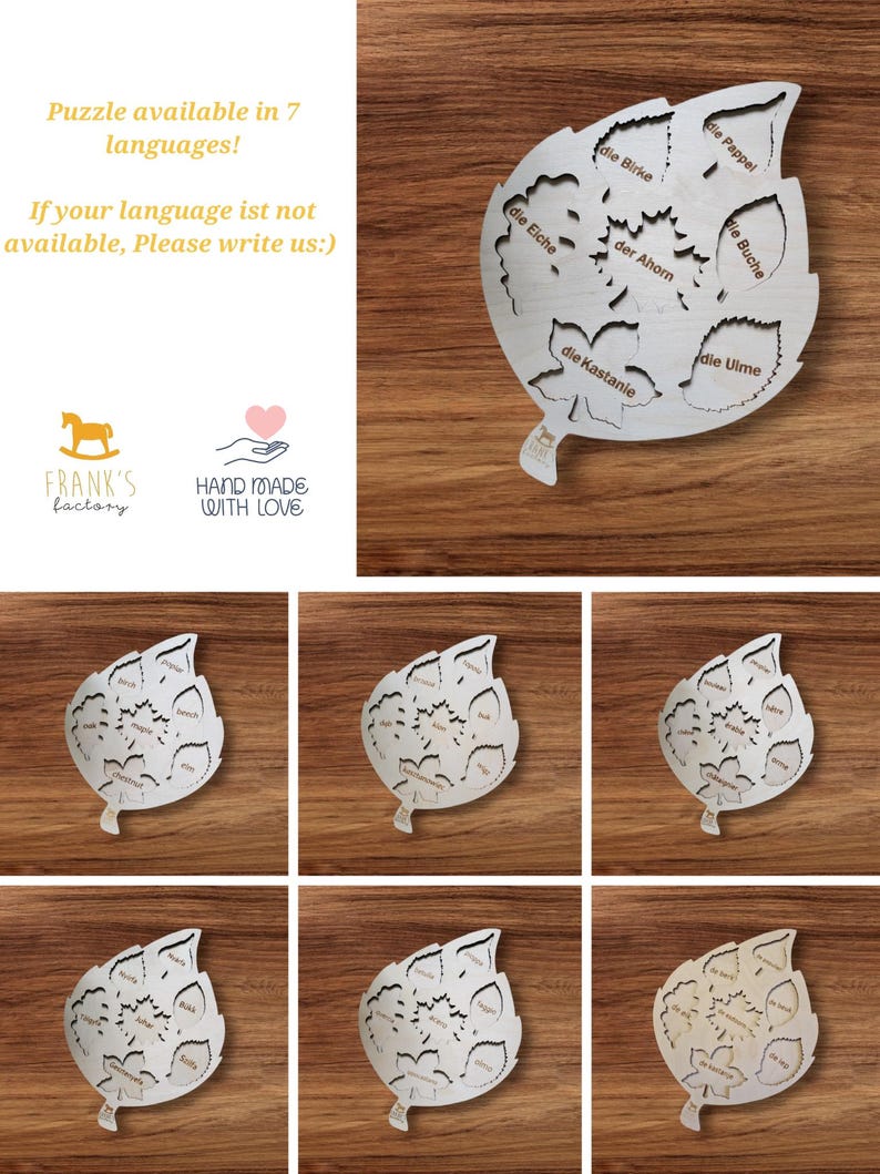 May include: A wooden leaf-shaped puzzle with 8 pieces, each piece representing a different type of tree. The pieces are labeled in German with the names of the trees: die Pappel, die Birke, die Buche, die Eiche, der Ahorn, die Kastanie, and die Ulme.