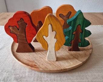 Montessori puzzle, plug-in puzzle, trees, real wood, children's game, game, Waldorf