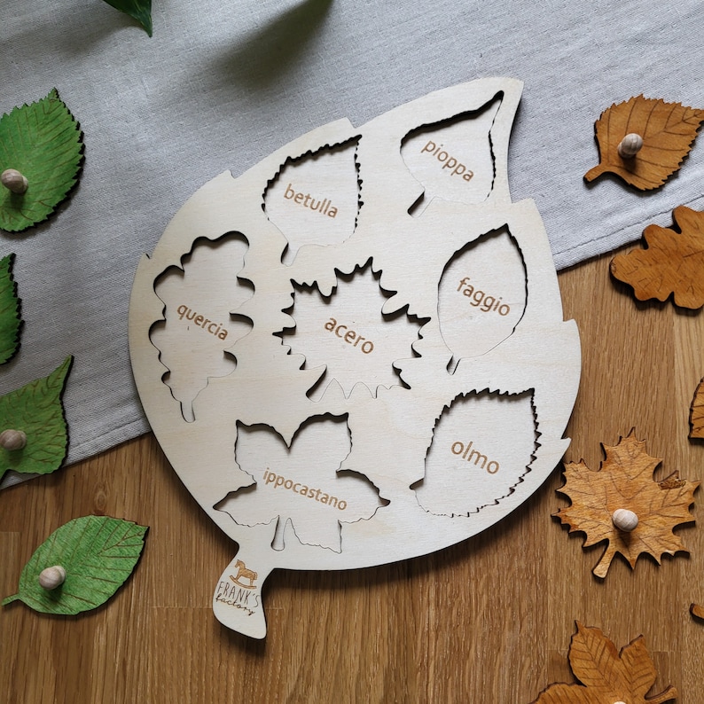 May include: Wooden leaf-shaped puzzle with cutouts of different leaf shapes. Each cutout has the Italian name of a tree written inside. The puzzle pieces are separate and made of wood.