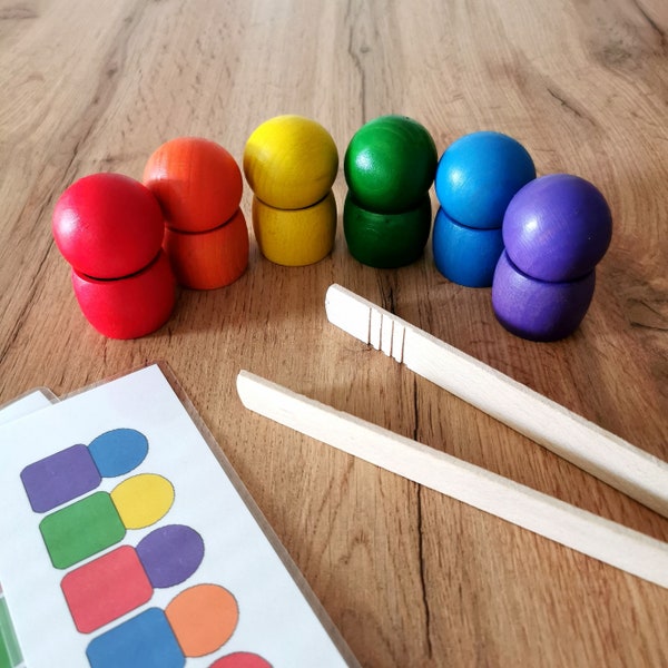 Sortierspiel 6 Holzkugeln und 6 Holzfässer, Montessori, Holzspielzeug, Feinmotorik Regenbogen