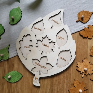 May include: A wooden leaf-shaped puzzle with cutouts of different leaf shapes. Each cutout has a French word for a type of tree: peuplier, bouleau, ch&ecirc;ne, &eacute;rable, h&ecirc;tre, orme, ch&acirc;taignier.
