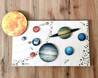 The Solar System - Plug-in Puzzle Planet Sun Cosmos Montessori Waldorf Wooden Toys Children