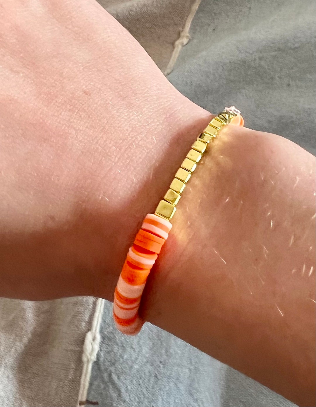 Clay Beads Bracelet Orange, Pink, & Gold Beadsstretch Braceletfor All