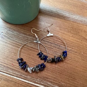 Silver Hoop Dangle Earrings Featuring Navy Blue & Gray Sea Glass Stones - Coastal - Beach - Bo-ho - Vacation - Gift - Salty Shores Designs