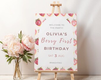Beere Erster Geburtstag Willkommen Schild Vorlage, Erdbeer Party, Beere 1. Geburtstag, Erdbeere Erster Geburtstag Willkommensschild, 51C015