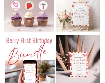 Pode incluir: Um pacote de festa de primeiro aniversário digital e imprimível com tema de morango. O pacote inclui uma placa de boas-vindas, um convite, toppers de cupcake e um mockup de tela de telefone. O texto na placa diz "Bem-vindo à festa Olivia's Berry First Birthday Sat 3 Aug #hashtag". O texto no convite diz "Olivia's Berry First Birthday Sat 3 Aug".