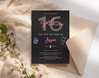 Sweet 16 Invitation Digital For Girl 16th birthday Invite in Black and Pink Neon Printable Invitation Template for Digital Download