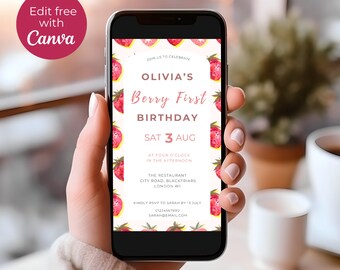 Evite el primer cumpleaños de fresa, invitación de 1er cumpleaños de Berry, invitación digital de fresa, cumpleañera, plantilla editable, 51C015