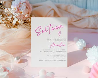 Sweet 16 Invitation Digital, Editable Sweet Birthday Invitation Template, Sweet Sixteen, 16th birthday Invite, Digital Invite For Girl