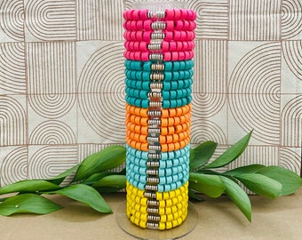 Colorful Wood Bead Bracelet Sets, Stretch Bead Bracelet Stacks, Statement Summer Jewelry, Chunky Wooden Disc, Boho Accessories, Heishi