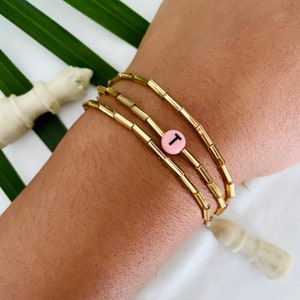 Initial Gold Beaded Stretch Bracelet, Set of 3, Czech Glass Seed Beads, Thin Gold Bracelet, Minimalist Jewelry, Trendy Initial Jewelry