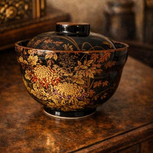 May include: A black ceramic bowl with a lid, decorated with a floral pattern in gold, red, and purple. The bowl rests on a wooden surface, displaying intricate details and a classic aesthetic. The bowl's dimensions are approximately 15 cm in diameter and 10 cm in height.
