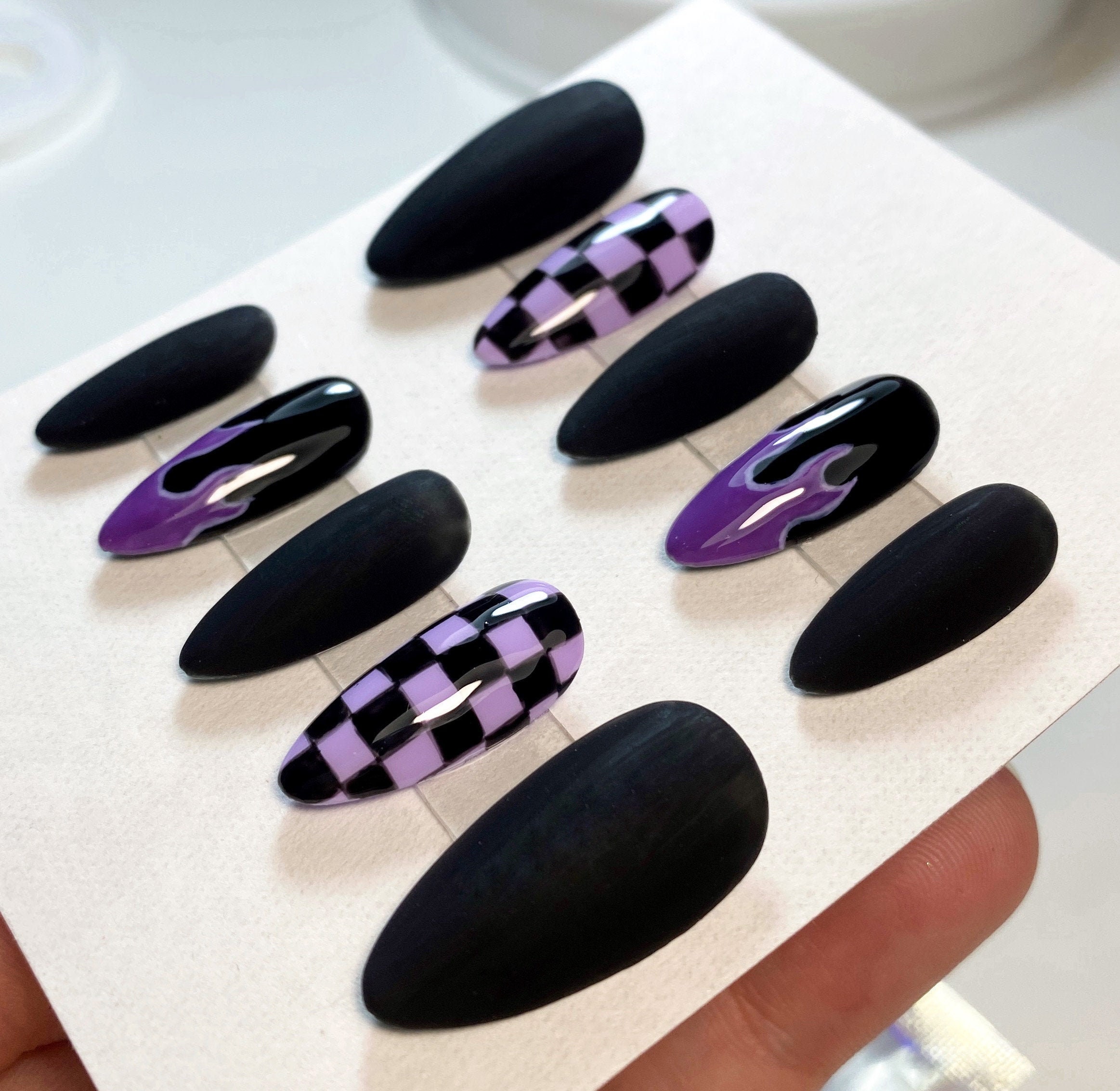 Purple & Black Flame Fire Checkered False Nails Matte and | Etsy