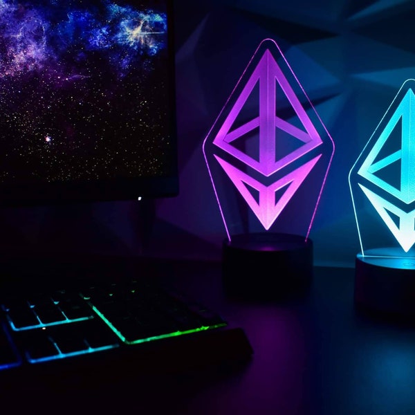 Ethereum Glowing LED Art | ETH Desk Lamp | Crypto Gift for Boyfriend Husband Trader Investor | Bitcoin Solana Cardano