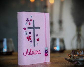 Gotteslobhülle/Gebetsbuchhülle personalisiert für Jungen und Mädchen, Gebetsbucheinband, rosa inkl. Gummiband und Perlen