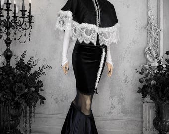Black Moonlit Mourning Capelet Cape Bolero Victorian Gothic Shrug Handmade Romantic Ivory Lace