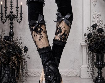Guantes calentadores de brazos estilo gótico steampunk de terciopelo negro y encaje.