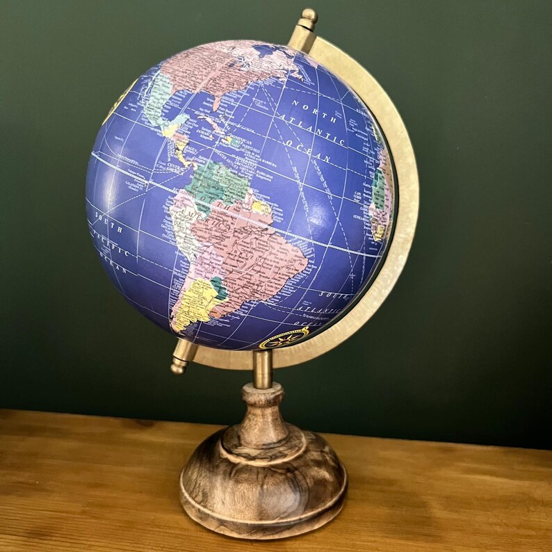 20cm Globe With Wooden Base & Metal Arc Rotating Vintage World Globe