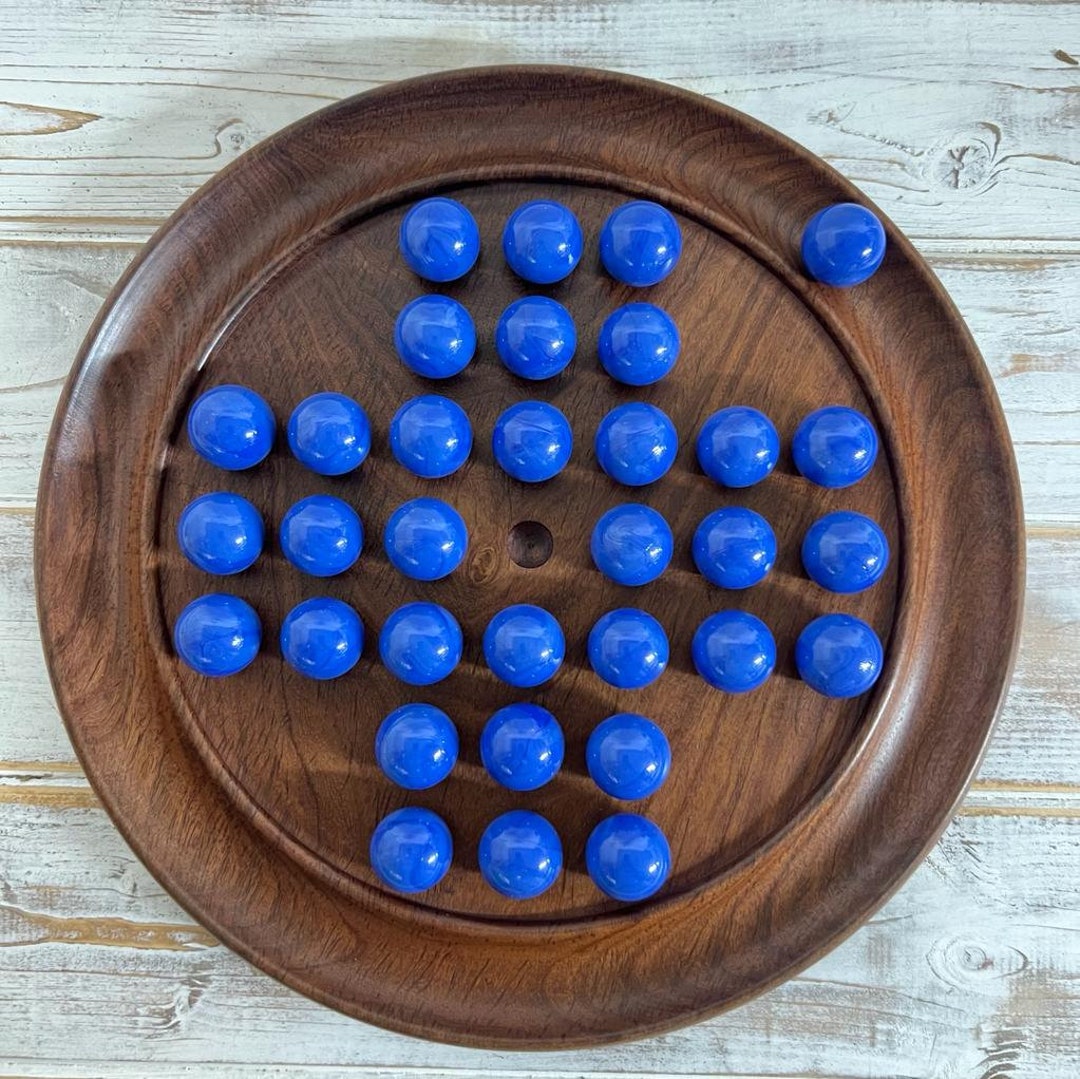 Dark WOOD SOLITAIRE BOARD Game With Opal Blue Glass Marbles classic