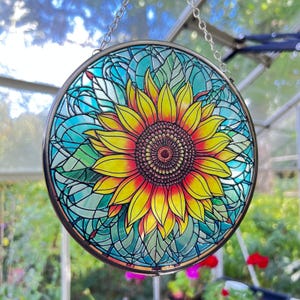 Levendige zonnebloem glas-in-lood zonnevanger, 6-inch decoratief raamornament, zonnebloemen, lichtvangers, welzijnscadeau, geschenk van geluk
