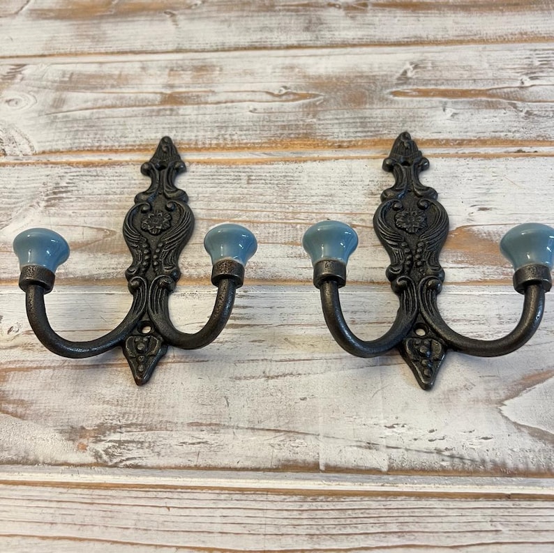 TWO Cast Iron French Style Double Ornate HOOKS Duck Egg Blue Ceramic Ball Tops Cloakroom Hook, Decorative Double Hook, hat & coat hook. image 3
