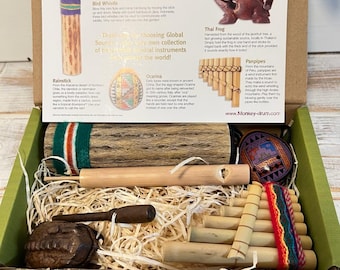 GLOBAL SOUNDS 5 Piece Set  MUSICAL Instruments - frog panpipes Rain stick, Bird whistle |- Global sounds from Thailand, Indonesia and Peru