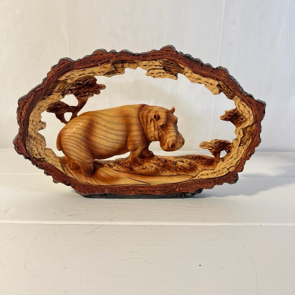 Hippopotame solitaire en résine imitation bois | Décorations pour la maison | Accessoires pour la maison | Animaux | Cadeau pour amoureux de la faune | Ornements | Hippopotame