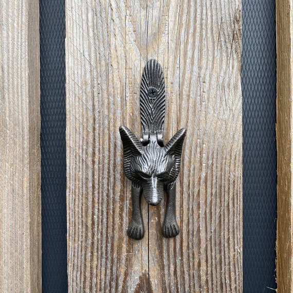 Ebros Gift Black Powder Coated Metal Rustic Whimsical Chibi Fox Door Knocker Sculpture With Striking Plate 9" H Foxes Home Decorative