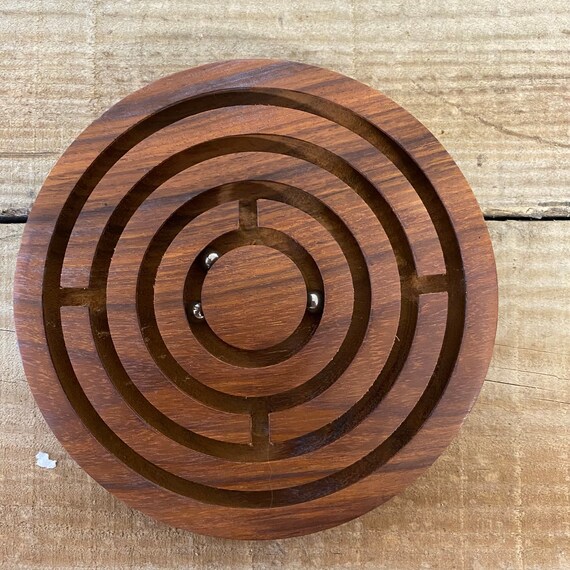 Small Wooden Labyrinth Maze Game Handheld Round 10cm Diameter 